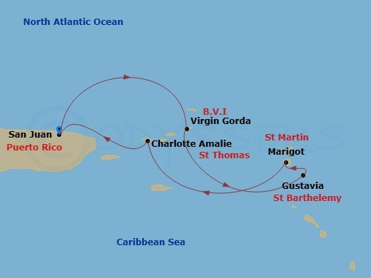 Ilma - 5 Night - San Juan / San Juan - Ilma - Starting in San Juan, Virgin Gorda, Gustavia, Marigot, St Thomas, San Juan itinerary map