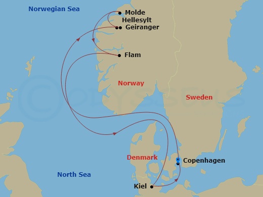 7 Night - Northern Europe - MSC Euribia - Starting in Copenhagen, Denmark, Hellesylt, Norway, Geiranger, Norway, Molde, Norway, Flam, Norway, Kiel, Germany, Copenhagen, Denmark itinerary map
