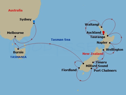 HAL Noordam - 14 Night - Australia & New Zealand - HAL Noordam - Starting in Sydney AU, Melbourne, Australia, Burnie, Tasmania, Australia, Milford Sound, New Zealand, Cruis.. itinerary map