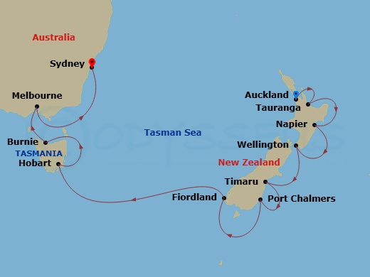 HAL Noordam - 14 Night - Australia & New Zealand - HAL Noordam - Starting in Auckland, New Zealand, Tauranga (Rotorua), New Zealand, Napier, New Zealand, Wellington, New Ze.. itinerary map