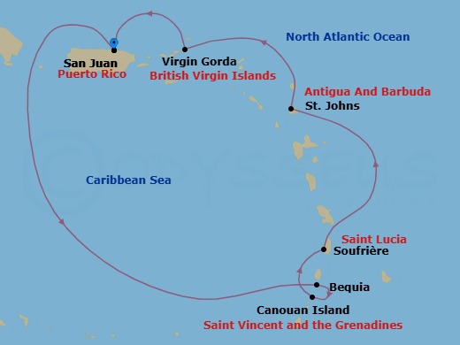 7 Night - San Juan / San Juan - Ilma - Starting in San Juan, Bequia, Canouan, Soufriere, St Johns AG, Virgin Gorda, San Juan itinerary map