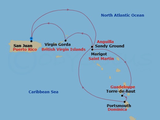 7 Night - San Juan / San Juan - Ilma - Starting in San Juan, Marigot, Terre-De-Haut (Marina Day), Portsmouth DM, Sandy Ground, Virgin Gorda, San Juan itinerary map