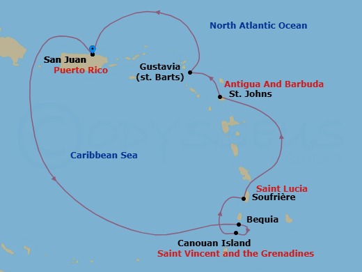 7 Night - San Juan / San Juan - Ilma - Starting in San Juan, Bequia, Canouan, Soufriere, St Johns AG, Gustavia, San Juan itinerary map