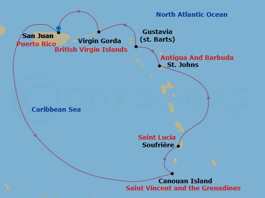 7 Night - San Juan / San Juan - Ilma - Starting in San Juan, Canouan, Soufriere, St Johns AG, Gustavia, Virgin Gorda, San Juan itinerary map