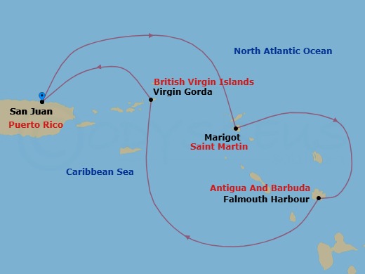 4 Night - San Juan / San Juan - Ilma - Starting in San Juan, Marigot, Falmouth Harbour, Antigua, Virgin Gorda, San Juan itinerary map