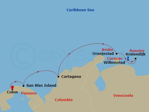 9 Night - Cruise from Willemstad to Colon - Sea Cloud Spirit - Starting in Willemstad AN, Curacao, Kralendijk, Oranjestad, Aruba, Cartagena CO, Colombia, San Blas Islands, Colon itinerary map