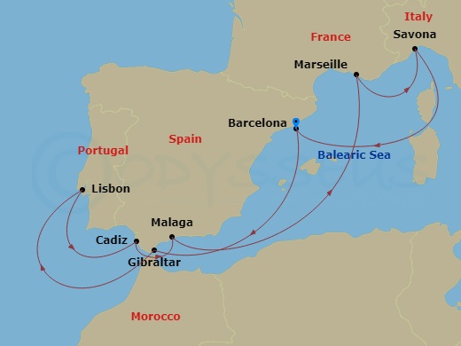 Costa Fascinosa - 10 Night - Western Mediterranean from Barcelona - Costa Fascinosa - Starting in Barcelona, Gibraltar, Lisbon, Cadice, Malaga, Marseille, Savona, Barcelona itinerary map