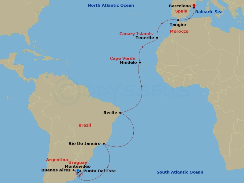 Costa Favolosa - 21 Night - Transatlantic from Montevideo - Costa Favolosa - Starting in Montevideo, Punta Del Este, Buenos Aires, Rio De Janeiro, Recife, St Vincent / Cape Ve.. itinerary map