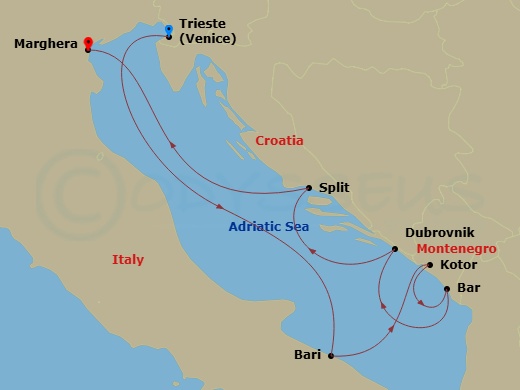 Costa Deliziosa - 7 Night - Eastern Mediterranean from Trieste - Costa Deliziosa - Starting in Trieste, Bari, Kotor, Montenegro, Montenegro, Dubrovnik, Croatia, Split, Croatia,.. itinerary map