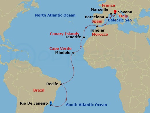Costa Favolosa - 17 Night - Transatlantic from Rio De Janeiro - Costa Favolosa - Starting in Rio De Janeiro, Recife, St Vincent / Cape Verde / Mindelo, Santa Cruz de Tenerife,.. itinerary map