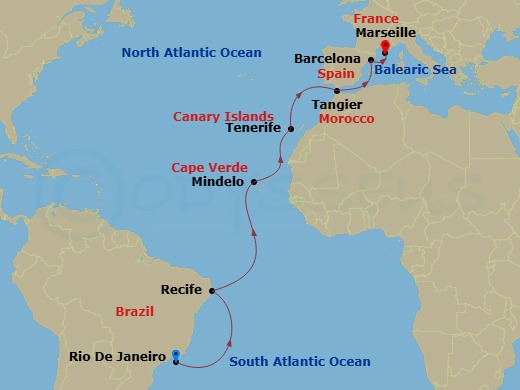 Costa Favolosa - 16 Night - Transatlantic from Rio De Janeiro - Costa Favolosa - Starting in Rio De Janeiro, Recife, St Vincent / Cape Verde / Mindelo, Santa Cruz de Tenerife,.. itinerary map