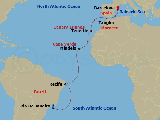 Costa Favolosa - 15 Night - Transatlantic from Rio De Janeiro - Costa Favolosa - Starting in Rio De Janeiro, Recife, St Vincent / Cape Verde / Mindelo, Santa Cruz de Tenerife,.. itinerary map