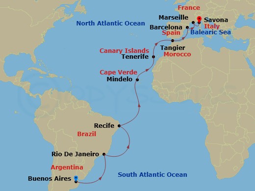 Costa Favolosa - 20 Night - Transatlantic from Buenos Aires - Costa Favolosa - Starting in Buenos Aires, Rio De Janeiro, Recife, St Vincent / Cape Verde / Mindelo, Santa Cruz.. itinerary map