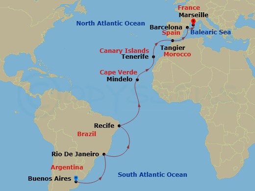 Costa Favolosa - 19 Night - Transatlantic from Buenos Aires - Costa Favolosa - Starting in Buenos Aires, Rio De Janeiro, Recife, St Vincent / Cape Verde / Mindelo, Santa Cruz.. itinerary map