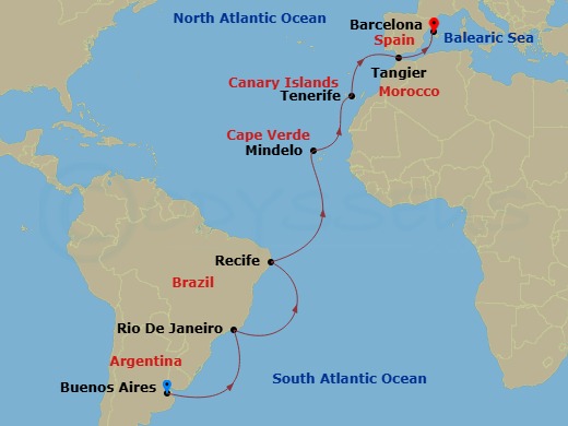 Costa Favolosa - 18 Night - Transatlantic from Buenos Aires - Costa Favolosa - Starting in Buenos Aires, Rio De Janeiro, Recife, St Vincent / Cape Verde / Mindelo, Santa Cruz.. itinerary map