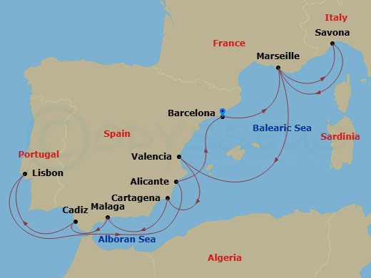 Costa Favolosa - 12 Night - Western Mediterranean from Barcelona - Costa Favolosa - Starting in Barcelona, Marseille, Savona, Marseille, Valencia, Cartagena ES, Spain, Malaga,.. itinerary map