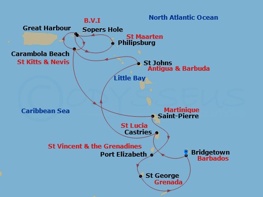 Seabourn Ovation - 14 Night - Exotic Caribbean Isles - Seabourn Ovation - Starting in Bridgetown, Barbados, Castries, Saint Lucia, Little Bay, Montserrat, St Johns AG, Antigua,.. itinerary map