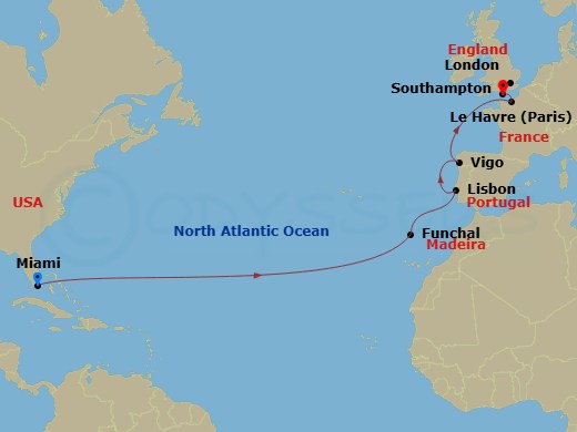 NCL Norwegian Jewel - 15 Night - Repo - Transatlantic - NCL Norwegian Jewel - Starting in Miami, Fl, Funchal, Portugal, Lisbon, Portugal, Vigo, Spain, Le Havre / Paris, France, Lon.. itinerary map