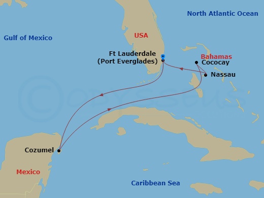 RCL Oasis of the Seas - 6 Night - Western Caribbean & Perfect Day - RCL Oasis of the Seas - Starting in Fort Lauderdale, Florida, Cozumel, Mexico, Perfect Day Cococay, Bahamas, Nassa.. itinerary map