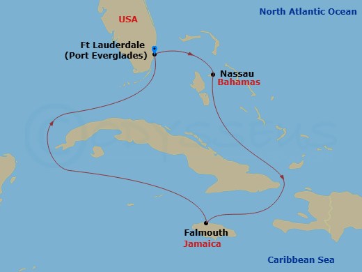RCL Oasis of the Seas - 6 Night - Western Caribbean Cruise - RCL Oasis of the Seas - Starting in Fort Lauderdale, Florida, Nassau, Bahamas, Falmouth, Jamaica, Fort Lauderdale, Florida itinerary map