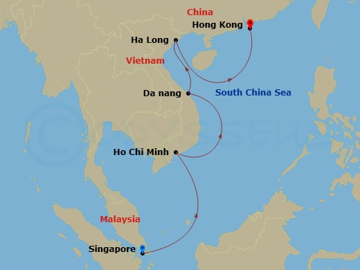 EXPLORA III - 7 Night - A Journey of Emerald Waters & Living Heritage - EXPLORA III - Starting in Singapore, Phu My, Da Nang, Ha Long, Hong Kong itinerary map