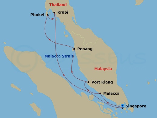 EXPLORA III - 7 Night - A Journey of Dynamic Discovery & Beachside Serenity - EXPLORA III - Starting in Singapore, Malacca, Port Kelang (for Kuala Lumpur), Penang (Georgeto.. itinerary map