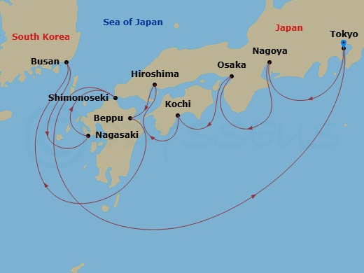 EXPLORA III - 10 Night - A Journey of Cultural Marvels & Ancient Legends - EXPLORA III - Starting in Tokyo, Nagoya, Aichi, Osaka, Kochi, Hiroshima, Beppu, Busan (Pusan), Na.. itinerary map
