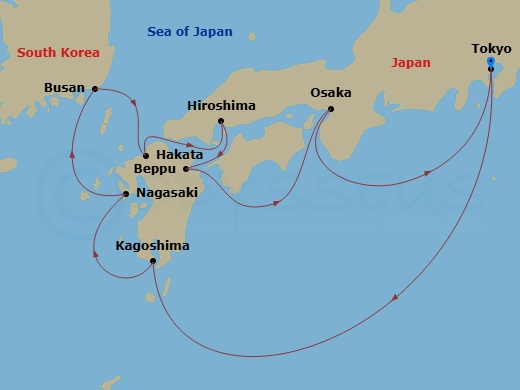 EXPLORA III - 10 Night - A Journey from Enchanting Skylines to Volcanic Shores - EXPLORA III - Starting in Tokyo, Kagoshima, Nagasaki, Busan (Pusan), Hakata / Fukuoka, Hiro.. itinerary map