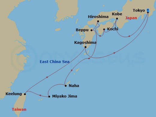 MSC Bellissima - 13 Night - Far East - MSC Bellissima - Starting in Tokyo, Japan, Kobe, Japan, Kochi, Japan, Hiroshima, Japan, Beppu, Japan, Naha (Okinawa), Japan, Miyako Isla.. itinerary map