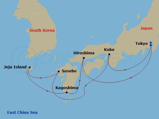 MSC Bellissima - 10 Night - Far East - MSC Bellissima - Starting in Tokyo, Japan, Hiroshima, Japan, Kagoshima, Japan, Gangjeong / Jeju Island, South Korea, Sasebo, Japan, Kobe.. itinerary map