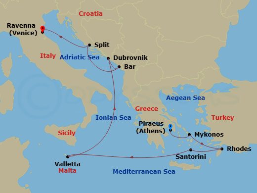 Celebrity Eclipse - 11 Night - Greek Isles, Croatia & Malta - Celebrity Eclipse - Starting in Athens (Piraeus), Greece, Mykonos, Greece, Rhodes, Greece, Santorini, Greece, Vallet.. itinerary map
