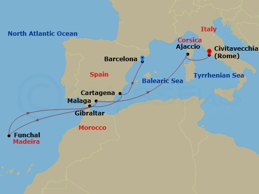 Celebrity Equinox - 10 Night - Spain, Portugal & France Cruise - Celebrity Equinox - Starting in Barcelona, Spain, Cartagena ES, Gibraltar, United Kingdom, Madeira (Funchal), Por.. itinerary map