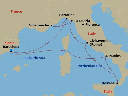 Celebrity Xcel - 10 Night - Italy & French Riviera Cruise - Celebrity Xcel - Starting in Barcelona, Spain, Naples, Italy, Sicily (Messina), Italy, Rome (Civitavecchia), Italy,.. itinerary map