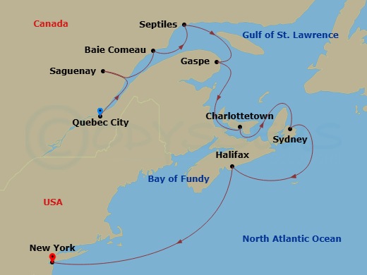 Crystal Serenity - 11 Night - North America & Canada - Crystal Serenity - Starting in Quebec City, Saguenay, Quebec, Baie-Comeau, Sept-Iles, Gaspe, Quebec, Charlottetown, Prince.. itinerary map
