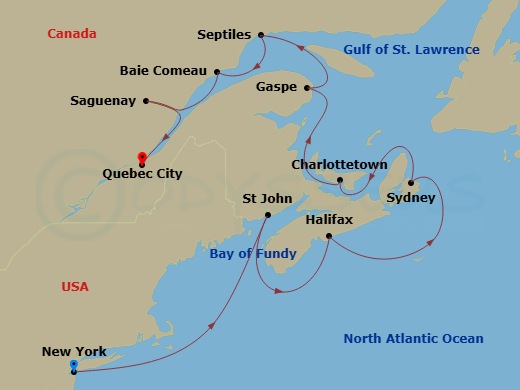 Crystal Serenity - 11 Night - North America & Canada - Crystal Serenity - Starting in New York, Saint John NB, Halifax, Sydney NS, Nova Scotia, Charlottetown, Prince Edward Isla.. itinerary map