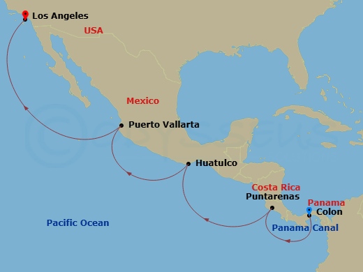 RCL Serenade of the Seas - 10 Night - Panama Canal Westward Cruise - RCL Serenade of the Seas - Starting in Colon, Panama, Panama Canal (Cruising), Puntarenas, Costa Rica, Huatulco, Mex.. itinerary map