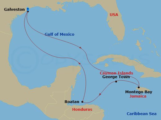 Carnival Horizon - 8 Night - Western Caribbean - Carnival Horizon - Starting in Galveston, Tx, Montego Bay, Jamaica, Grand Cayman, Cayman Islands, Isla Tropicale, Roatan, Galves.. itinerary map