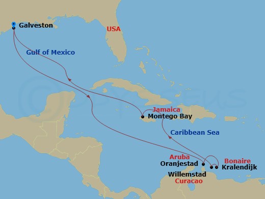 Carnival Breeze - 12 Night - Southern Caribbean - Carnival Breeze - Starting in Galveston, Tx, Grand Cayman, Cayman Islands, Aruba, Bonaire, Curacao, Montego Bay, Jamaica, Galv.. itinerary map