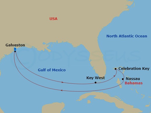 Carnival Breeze - 7 Night - Bahamas - Carnival Breeze - Starting in Galveston, Tx, Key West, FL, Celebration Key, the Bahamas, Nassau, Bahamas, Galveston, Tx itinerary map