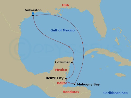 Carnival Breeze - 7 Night - Western Caribbean - Carnival Breeze - Starting in Galveston, Tx, Cozumel, Mexico, Belize, Isla Tropicale, Roatan, Galveston, Tx itinerary map