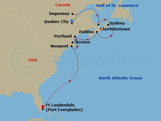 Caribbean Princess - 13 Night - Canada & Colonial America - Caribbean Princess - Starting in Quebec City, Canada, Saguenay, Canada, Charlottetown, Canada, Sydney CA, Halifax, Cana.. itinerary map