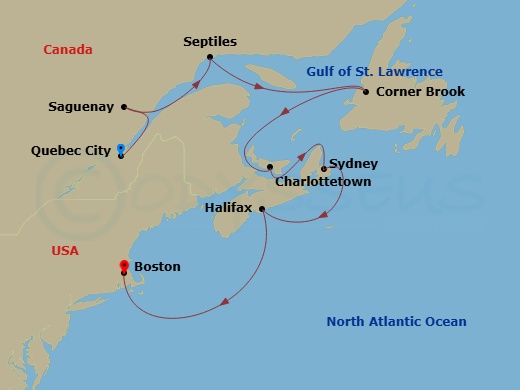 Caribbean Princess - 11 Night - Classic Canada & New England - Caribbean Princess - Starting in Quebec City, Canada, Saguenay, Canada, Sept Iles, Canada, Corner Brook, Canada, Cha.. itinerary map