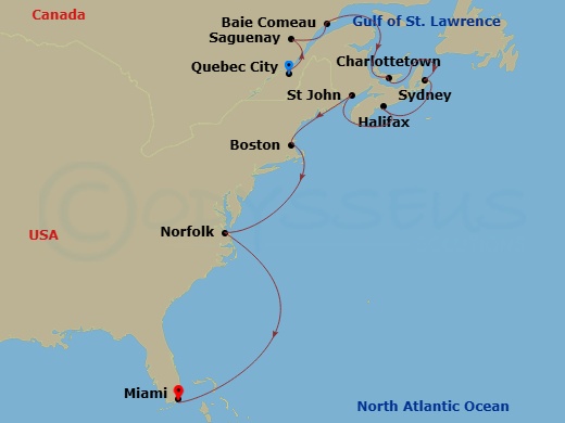 HAL Zuiderdam - 14 Night - Atlantic, New England & Quebec - HAL Zuiderdam - Starting in Quebec City, Quebec, Canada, Saguenay, Quebec, Canada, Baie-Comeau, Quebec, Canada, Cr.. itinerary map
