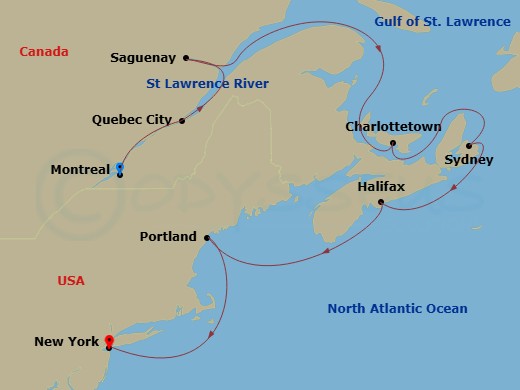 HAL Volendam - 9 Night - Lighthouses & Harbors of Canada & New England - HAL Volendam - Starting in Montreal, Quebec, Canada, Saint Lawrence River Cruising, Quebec City, Que.. itinerary map