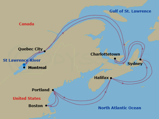 14 Night - Canada & New England : Maritimes & Montreal Collectors - Volendam - Starting in Montreal, Quebec, Canada, Saint Lawrence River Cruising, Quebec City, Quebec, Canada, Cruising Gulf of St Lawrence, Charlottetown, Prince Edward Island, Canada, Sydney NS, Nova Scotia, Canada, Halifax, Nova Scotia, Canada, Portland ME, Boston, Massachusetts, Portland ME, Halifax, Nova Scotia, Canada, Sydney NS, Nova Scotia, Canada, Charlottetown, Prince Edward Island, Canada, Cruising Gulf of St Lawrence, Quebec City, Quebec, Canada, Saint Lawrence River Cruising, Montreal, Quebec, Canada itinerary map