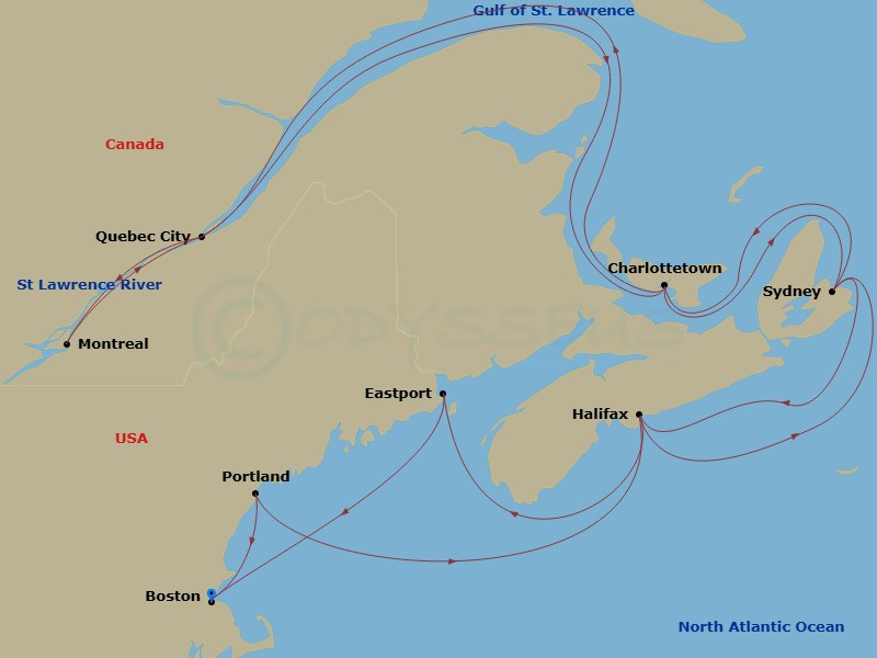 HAL Volendam - 14 Night - Canada & New England : Maritimes & Montreal Collectors - HAL Volendam - Starting in Boston, Massachusetts, Eastport, ME, Halifax, Nova Scotia, Cana.. itinerary map