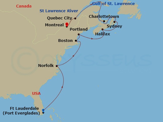 HAL Volendam - 14 Night - Atlantic & Colonial New England - HAL Volendam - Starting in Fort Lauderdale, Florida, Norfolk, Virginia, Boston, Massachusetts, Portland ME, Halif.. itinerary map