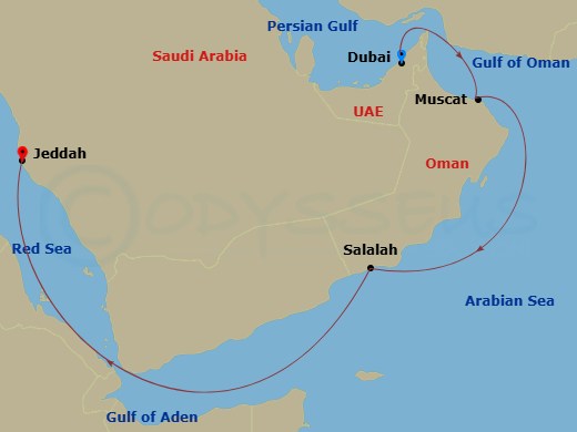 EXPLORA I - 8 Night - A Journey of Arabian Marvels & Sumptuous Souks - EXPLORA I - Starting in Dubai, Muscat, Salalah, Jeddah itinerary map