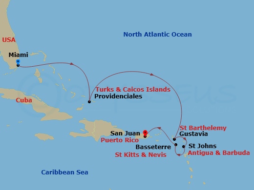EXPLORA IV - 7 Night - A Journey Through Iconic Caribbean Islands & Underwater Wonders - EXPLORA IV - Starting in Miami, Providenciales, Gustavia, St Johns AG, Antigua, Ba.. itinerary map