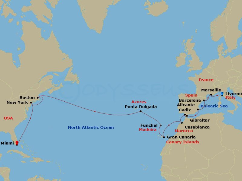 24 Night - Msc Grand Voyages - MSC Meraviglia - Starting in Livorno (Florence), Italy, Marseille (Provence), France, Barcelona, Spain, Alicante, Spain, Gibraltar, Cadiz (Seville), Spain, Casablanca (Marrakesh), Morocco, Las Palmas de Gran Canaria (Canary Islands), Spain, Funchal (Madeira Islands), Portugal, Ponta Delgada (Azores), Portugal, Boston, New York City (Brooklyn), New York, Miami, Florida itinerary map
